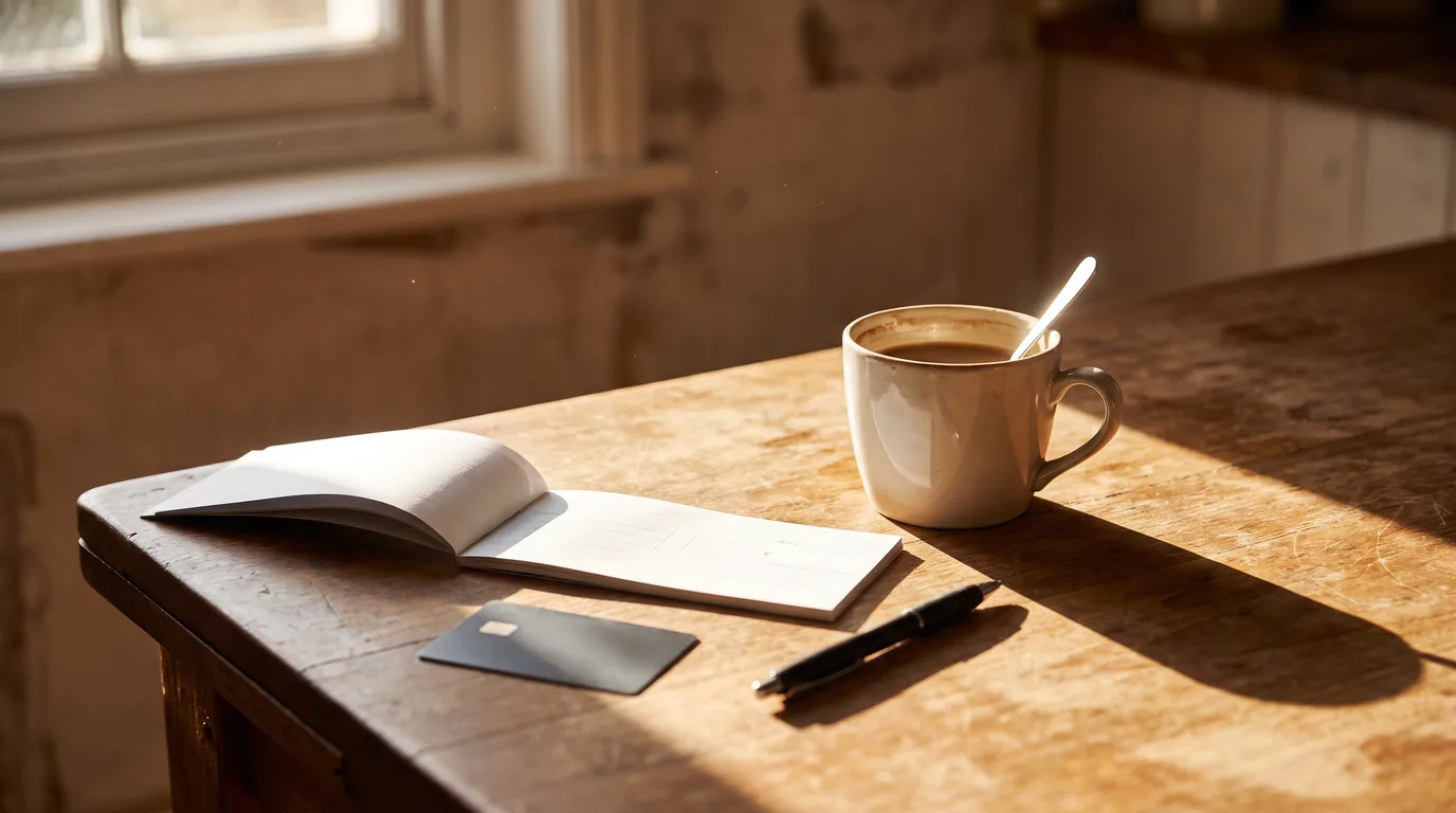 A chequebook and coffee on a kitchen table, working out what it costs to file for divorce in Will County