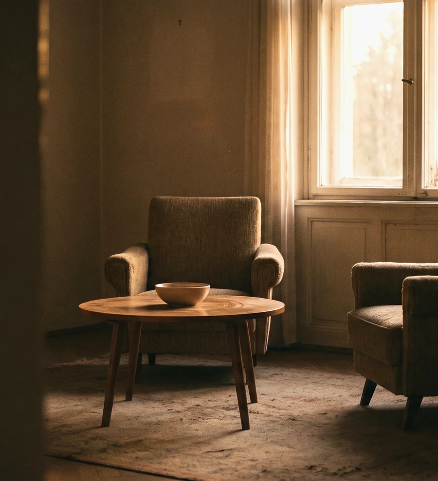 Two empty chairs facing each other across a low table, set for a family law mediation