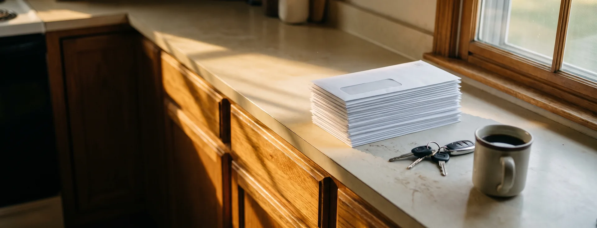 A stack of unopened envelopes on a kitchen counter in hard morning light