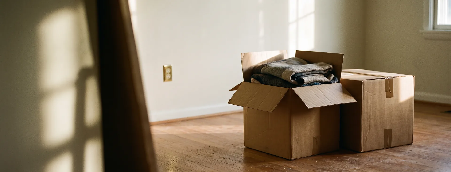 Half packed moving boxes in an emptying living room