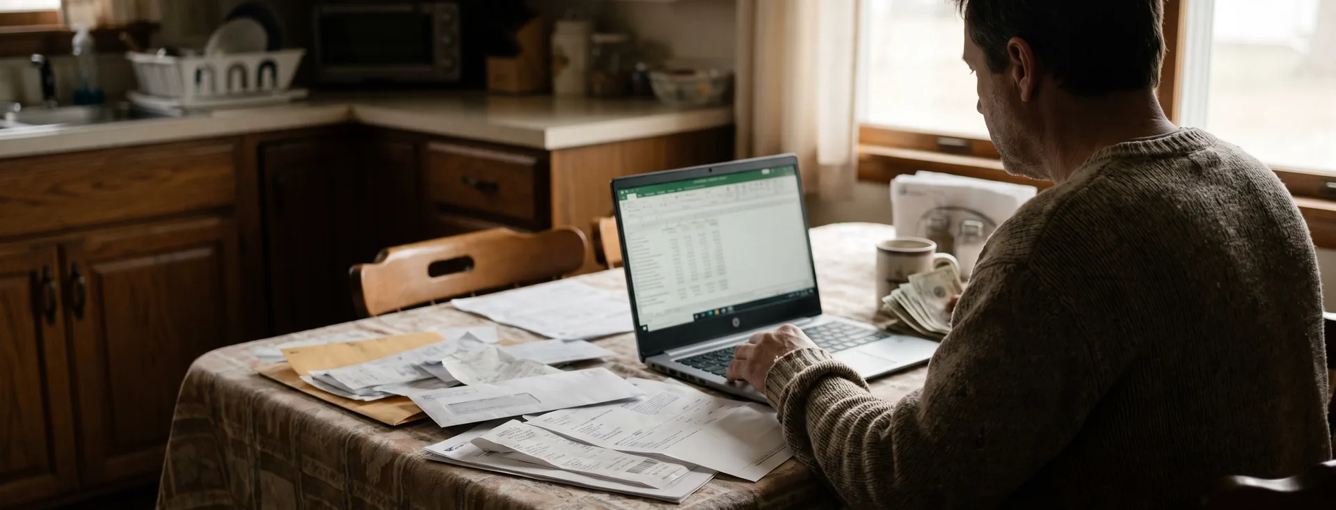 A person working through household paperwork at a kitchen table in morning light