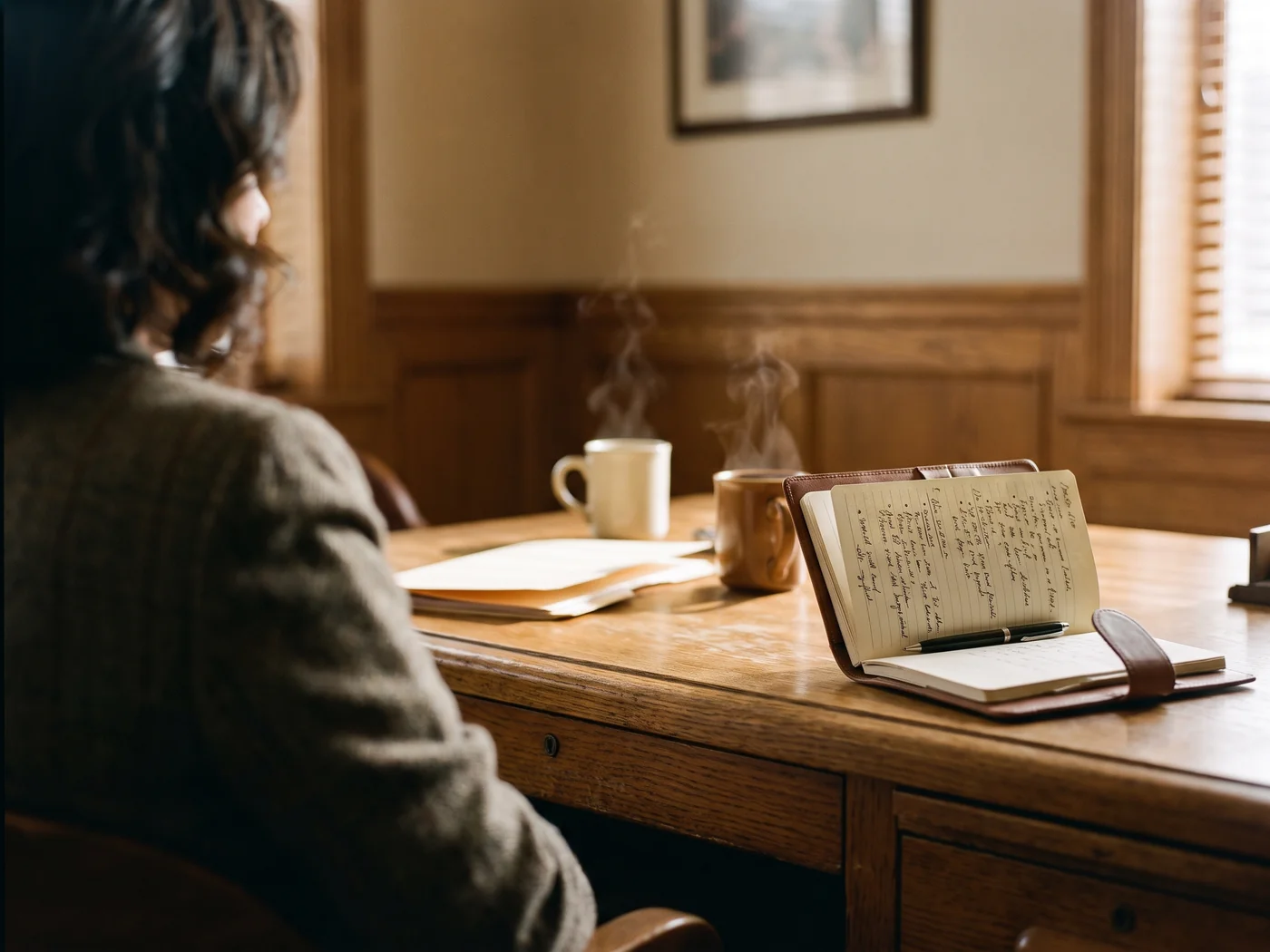 A notebook of handwritten questions open on a desk during a client meeting
