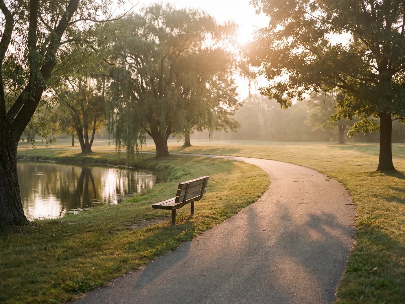A park lake and walking path at golden hour. Inspired Law Group serves Orland Park and the surrounding Will County communities.