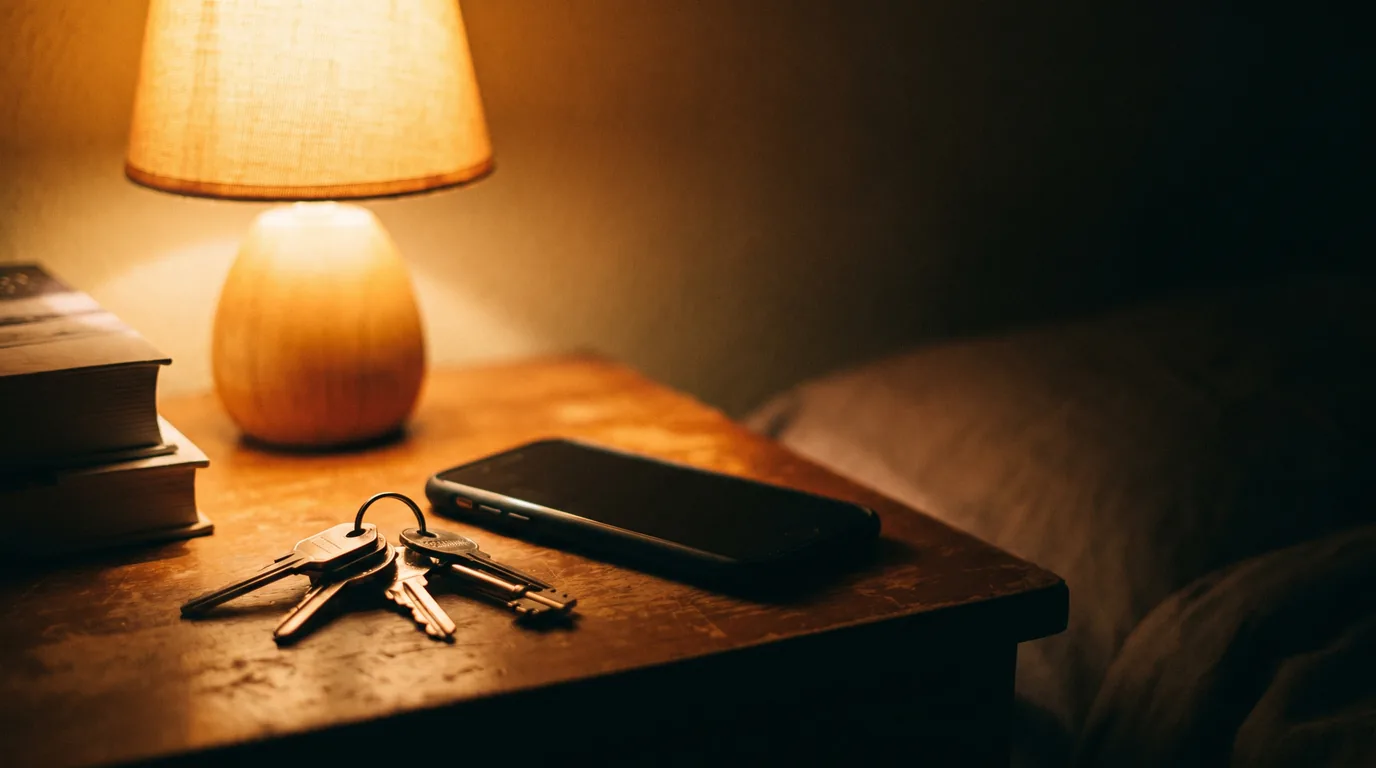 A phone and house keys beside a bedside lamp at night, before seeking an Illinois order of protection